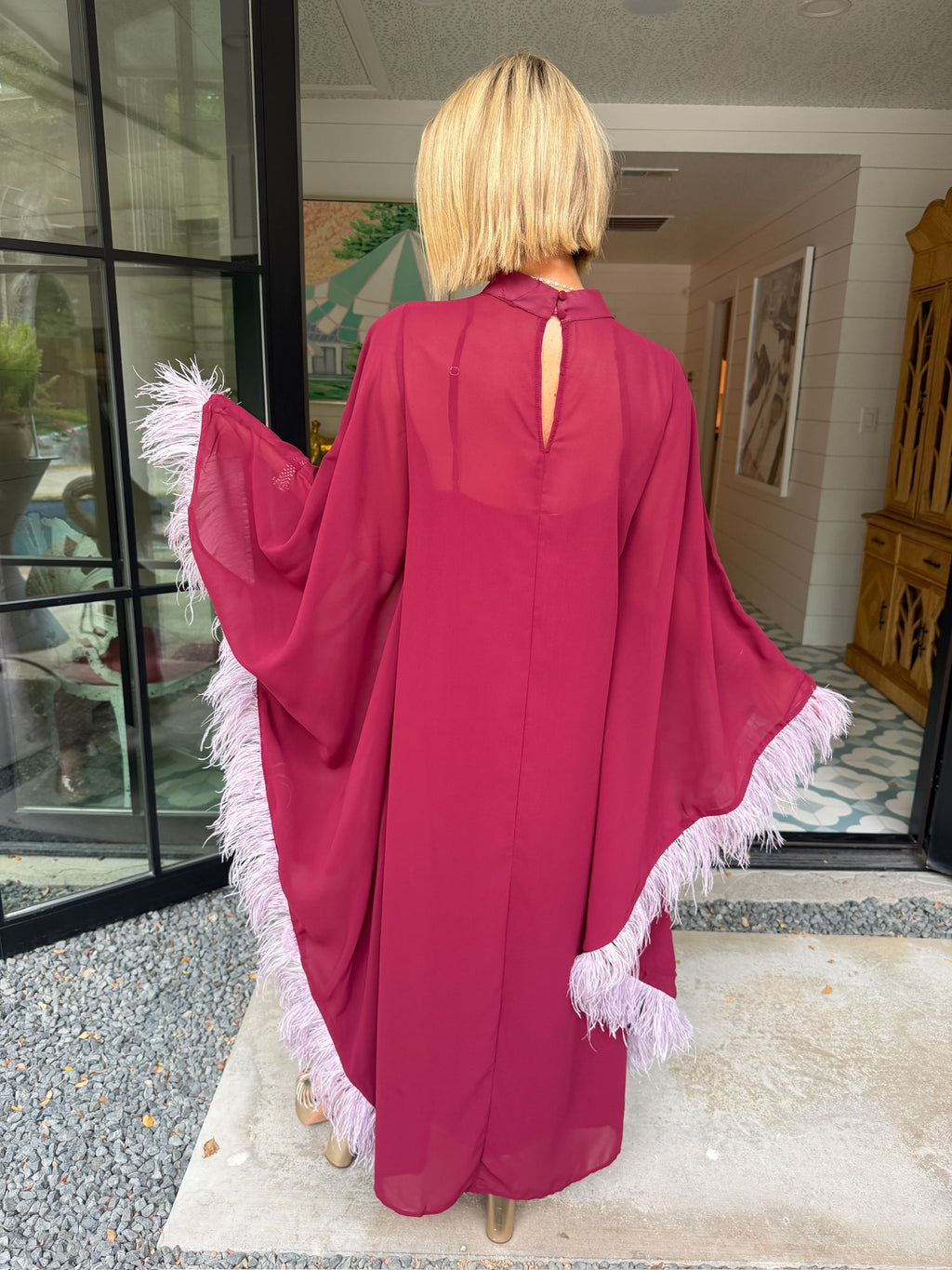 GRACE KELLY SHEER FEATHER TRIM MAXI DRESS - BURGUNDY