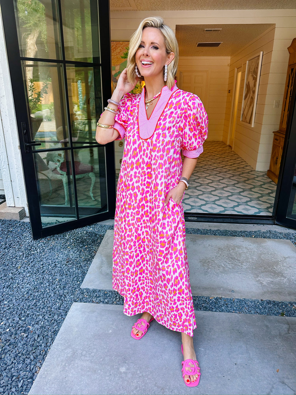 DEEPER MEANING LEOPARD GINGHAM MIDI DRESS - PINK/ORANGE