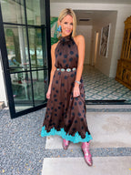 STEP INTO SOMETHING BEAUTIFUL LACE TRIM POLKA DOT MIDI DRESS - BROWN