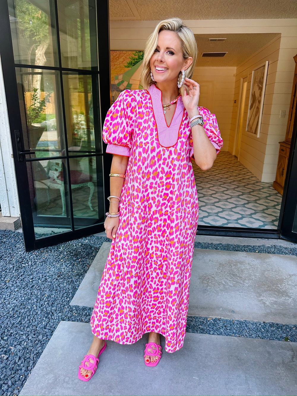 DEEPER MEANING LEOPARD GINGHAM MIDI DRESS - PINK/ORANGE