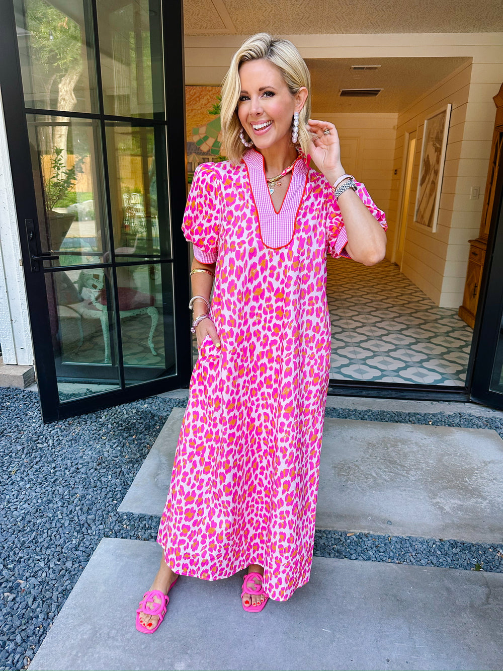DEEPER MEANING LEOPARD GINGHAM MIDI DRESS - PINK/ORANGE