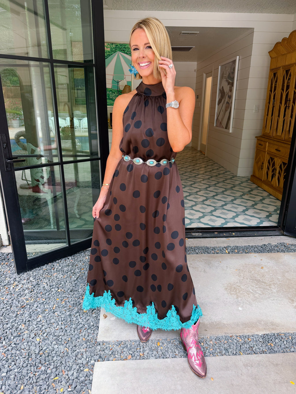 STEP INTO SOMETHING BEAUTIFUL LACE TRIM POLKA DOT MIDI DRESS - BROWN