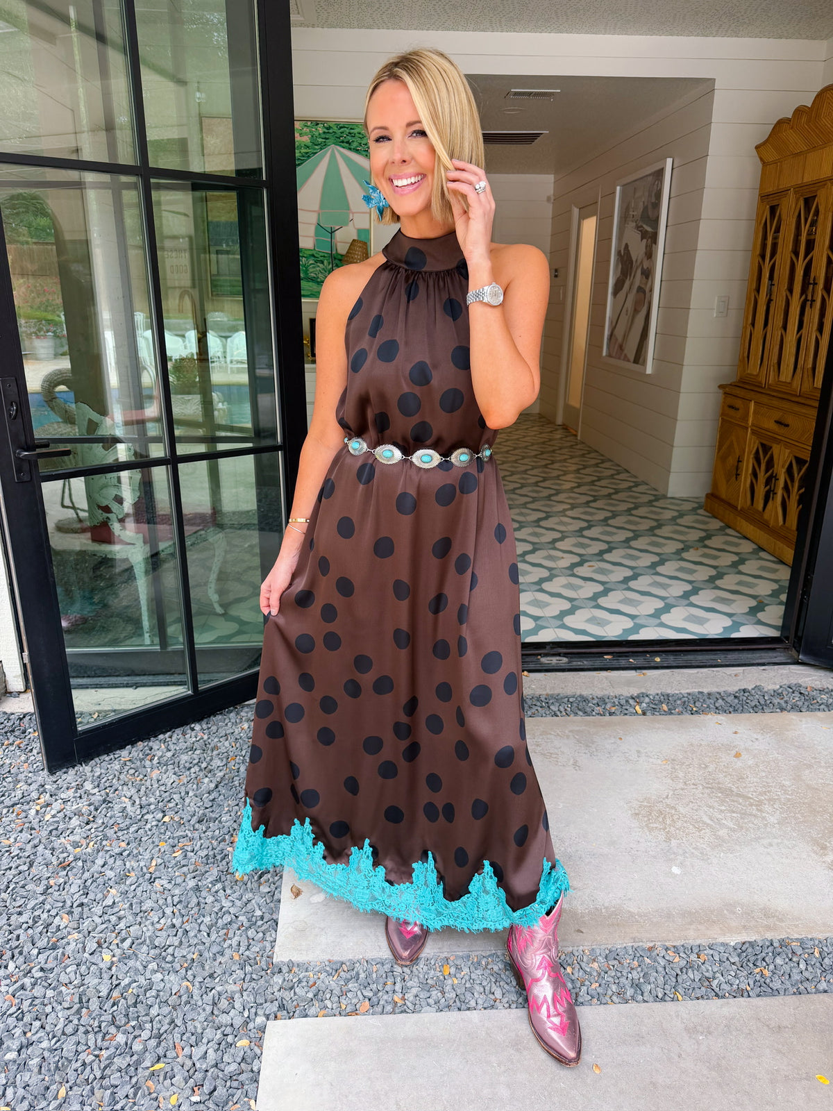 STEP INTO SOMETHING BEAUTIFUL LACE TRIM POLKA DOT MIDI DRESS - BROWN