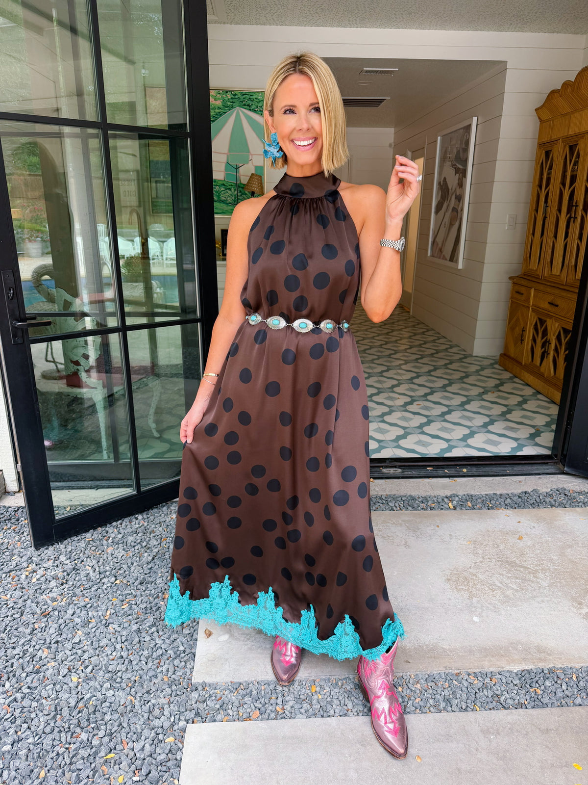 STEP INTO SOMETHING BEAUTIFUL LACE TRIM POLKA DOT MIDI DRESS - BROWN
