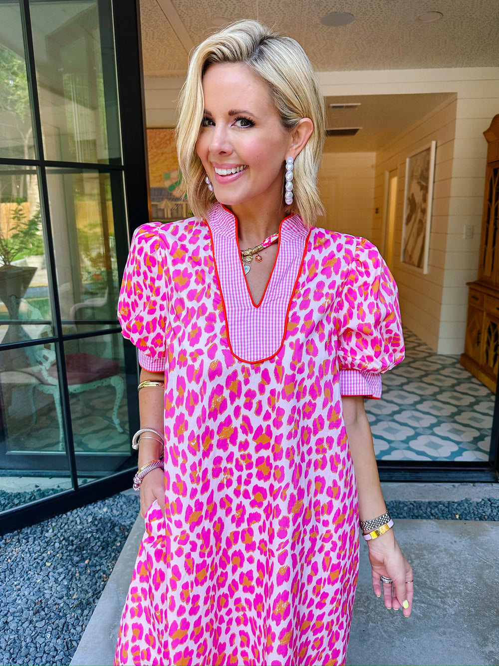 DEEPER MEANING LEOPARD GINGHAM MIDI DRESS - PINK/ORANGE