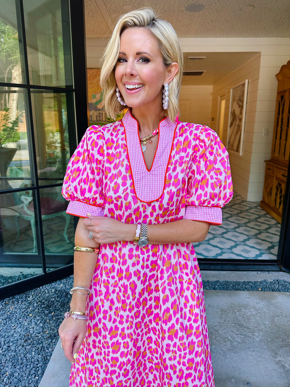 DEEPER MEANING LEOPARD GINGHAM MIDI DRESS - PINK/ORANGE