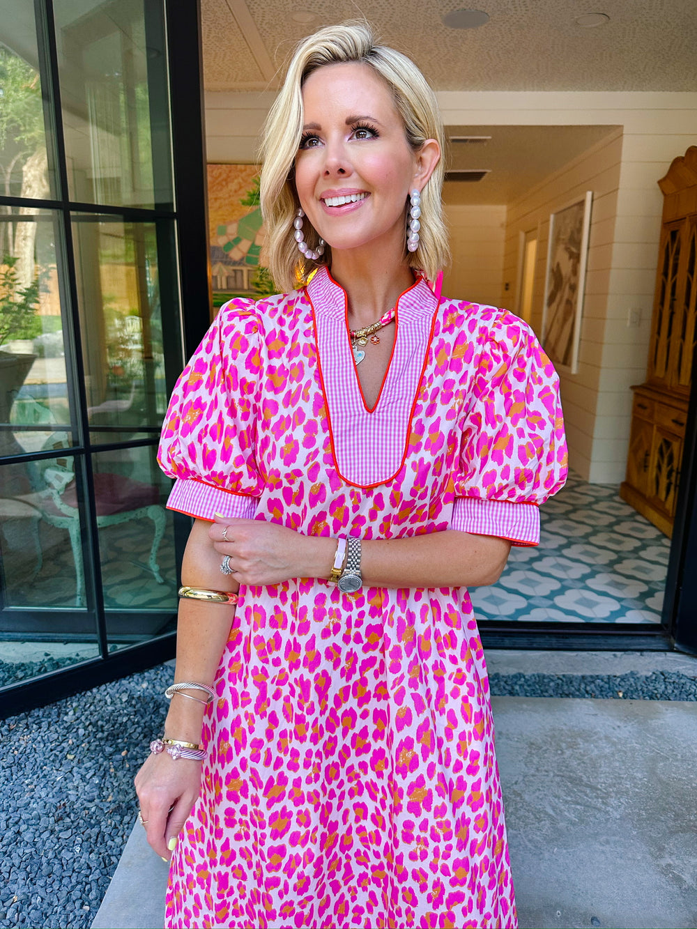 DEEPER MEANING LEOPARD GINGHAM MIDI DRESS - PINK/ORANGE