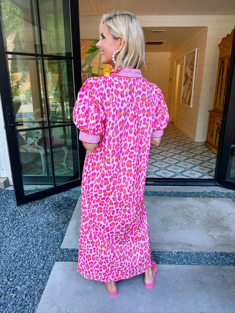 DEEPER MEANING LEOPARD GINGHAM MIDI DRESS - PINK/ORANGE