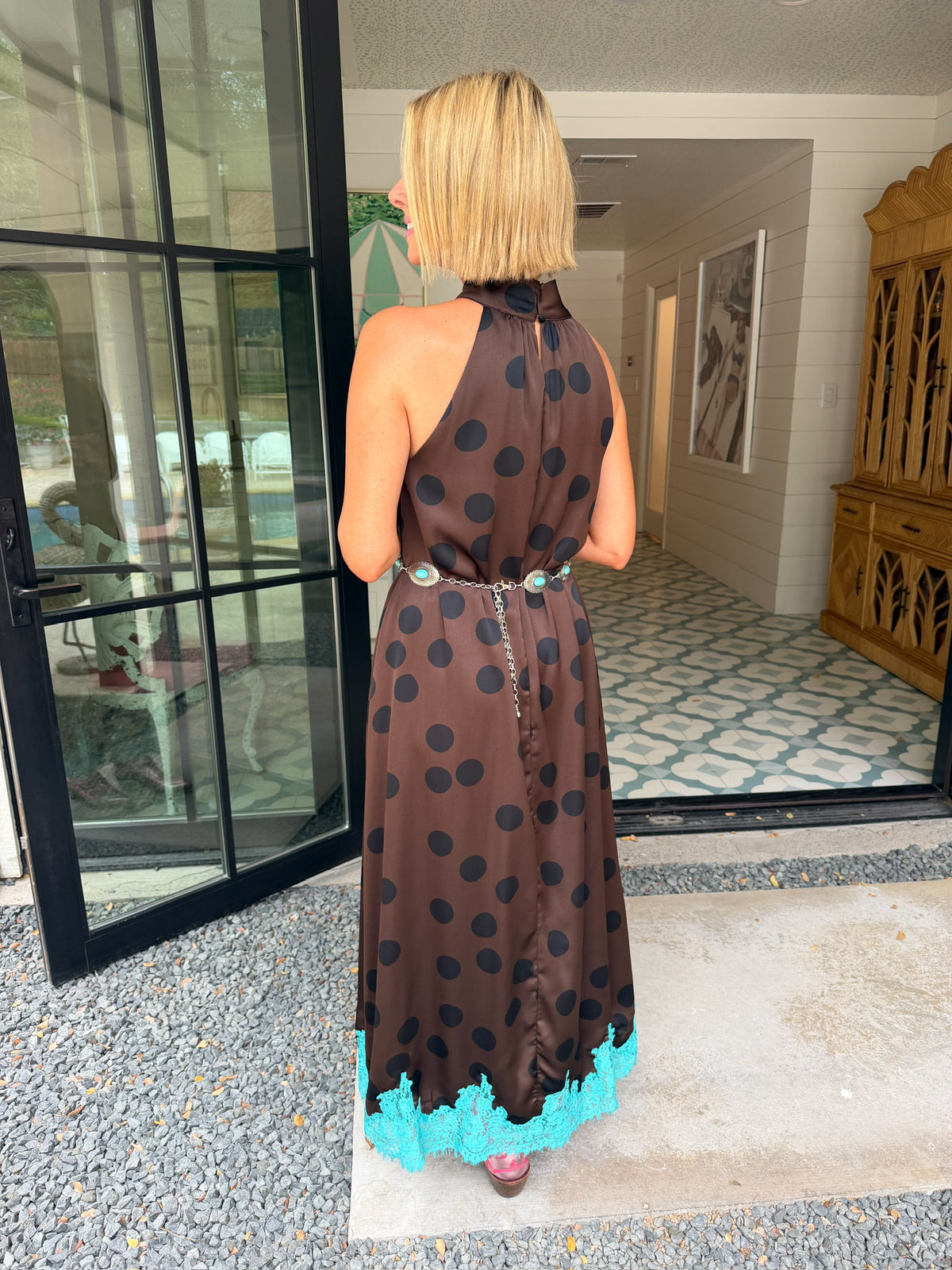STEP INTO SOMETHING BEAUTIFUL LACE TRIM POLKA DOT MIDI DRESS - BROWN