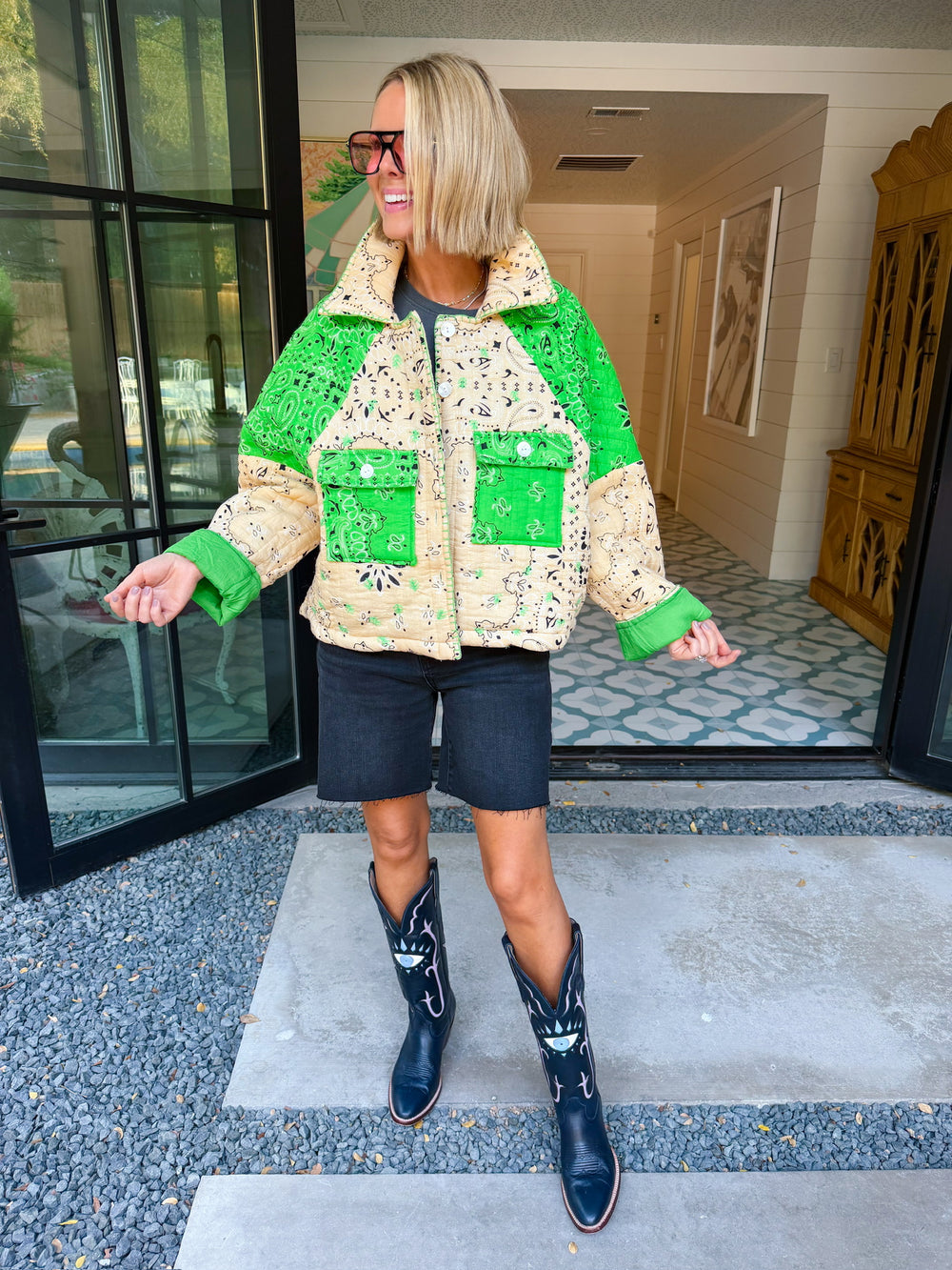 TAKE THE SCENIC ROUTE BANDANA QUILTED JACKET - GREEN