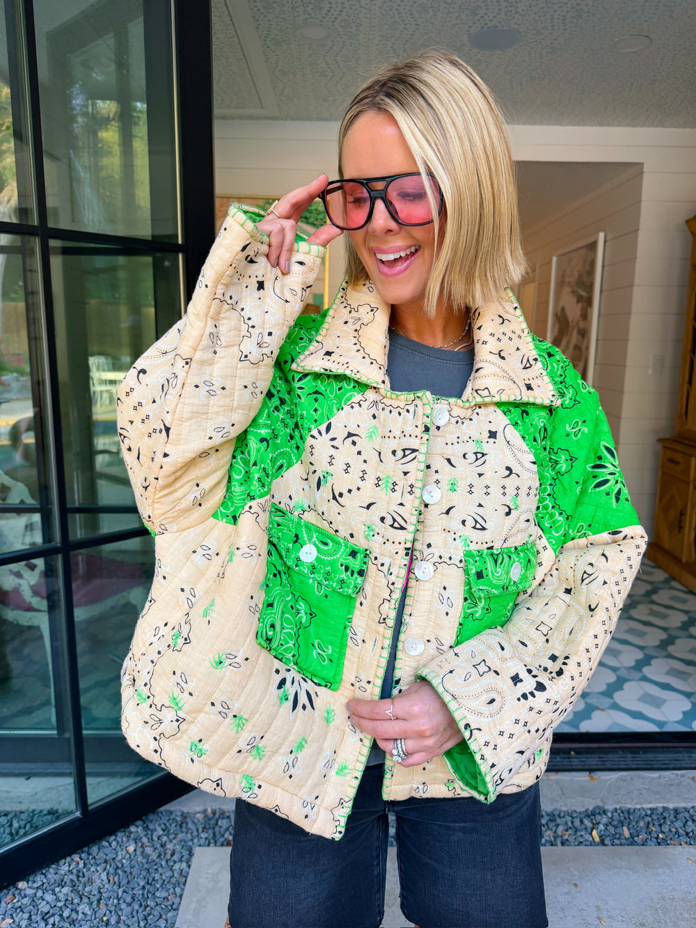 TAKE THE SCENIC ROUTE BANDANA QUILTED JACKET - GREEN