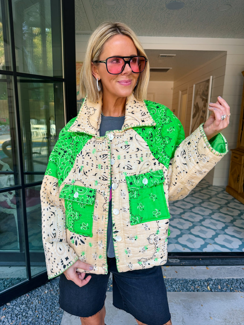 TAKE THE SCENIC ROUTE BANDANA QUILTED JACKET - GREEN