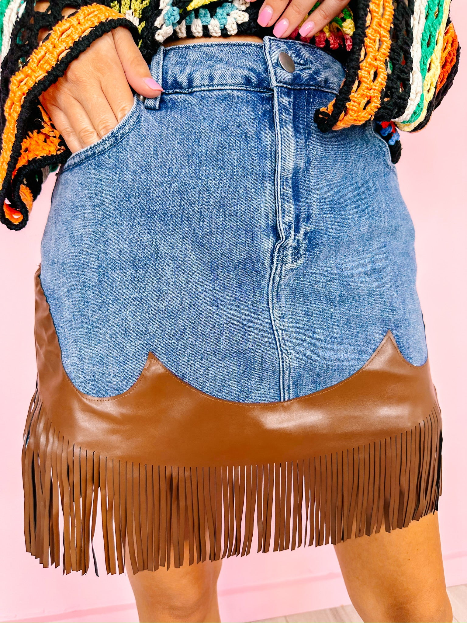 RODEO GIRL LEATHER FRINGE DENIM SKIRT