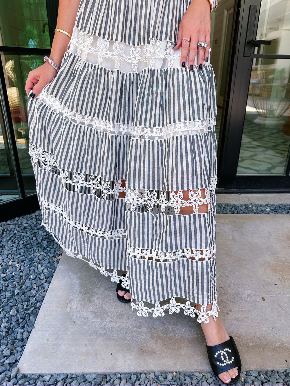 STILL THE ONE FOR YOU STRAPLESS STRIPED FLOWER TRIM DRESS - GREY