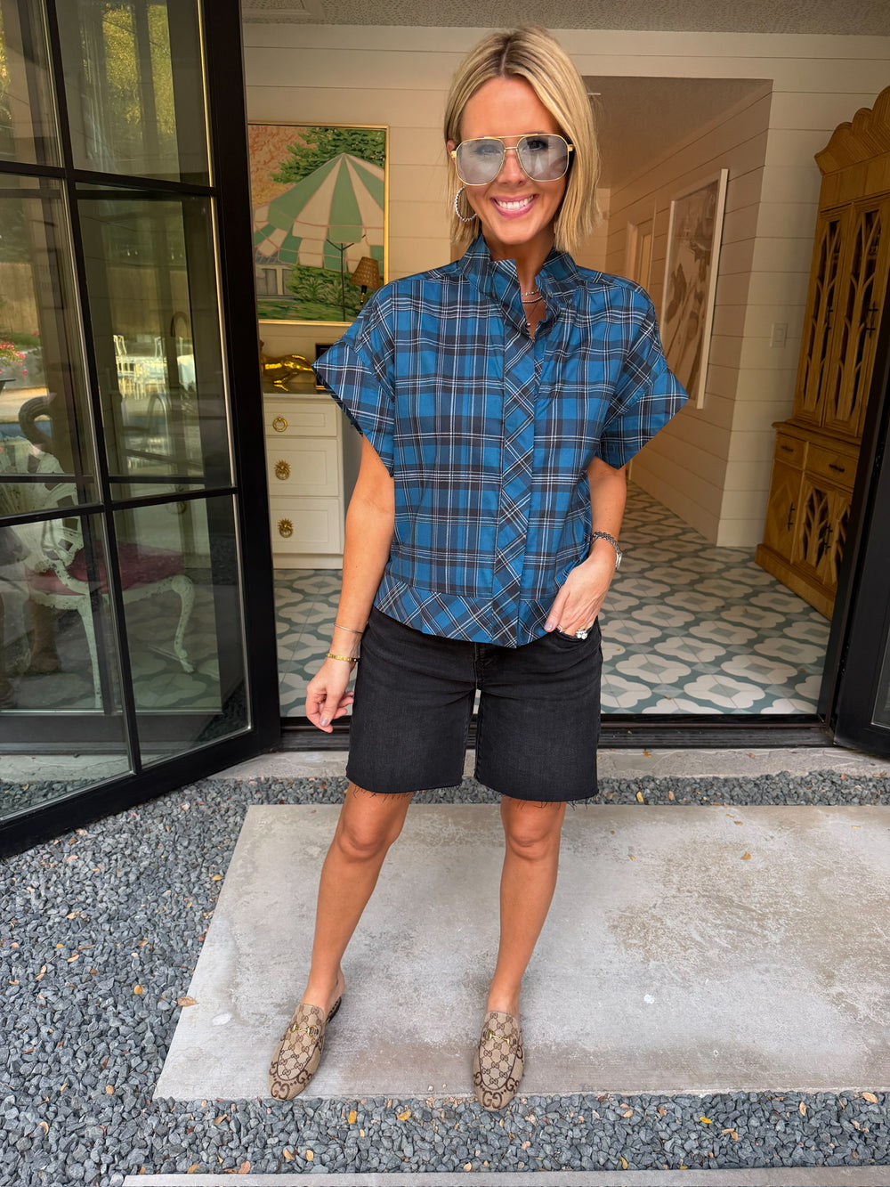 NADIA PLAID BUTTON UP TOP - BLUE