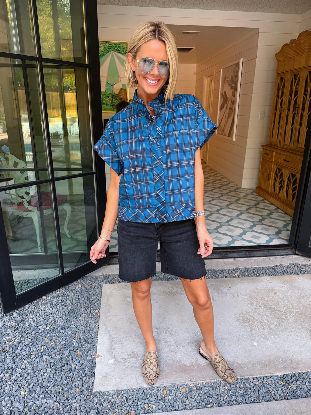 NADIA PLAID BUTTON UP TOP - BLUE