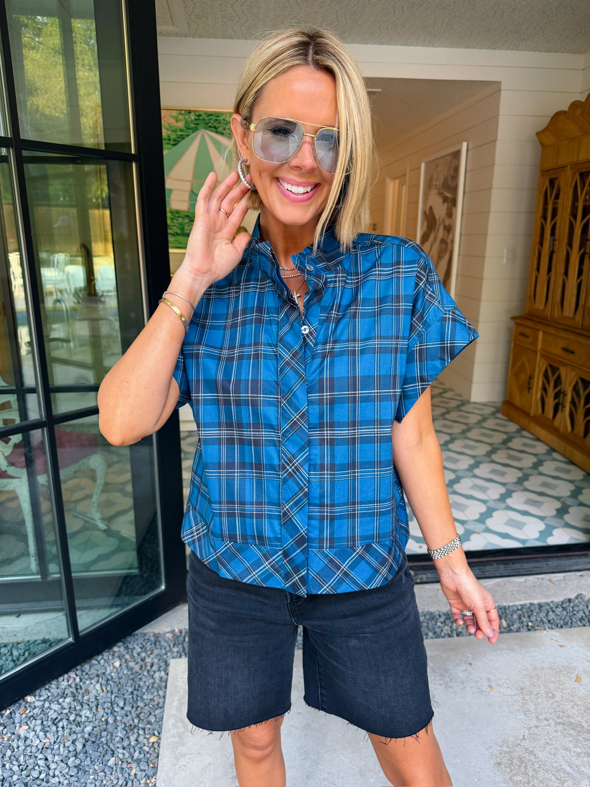 NADIA PLAID BUTTON UP TOP - BLUE