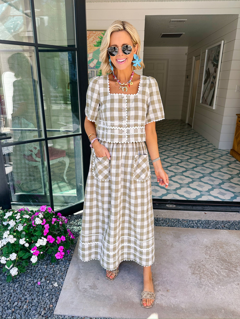 SPRING FEVER GINGHAM RIC RAC SKIRT SET - GREEN