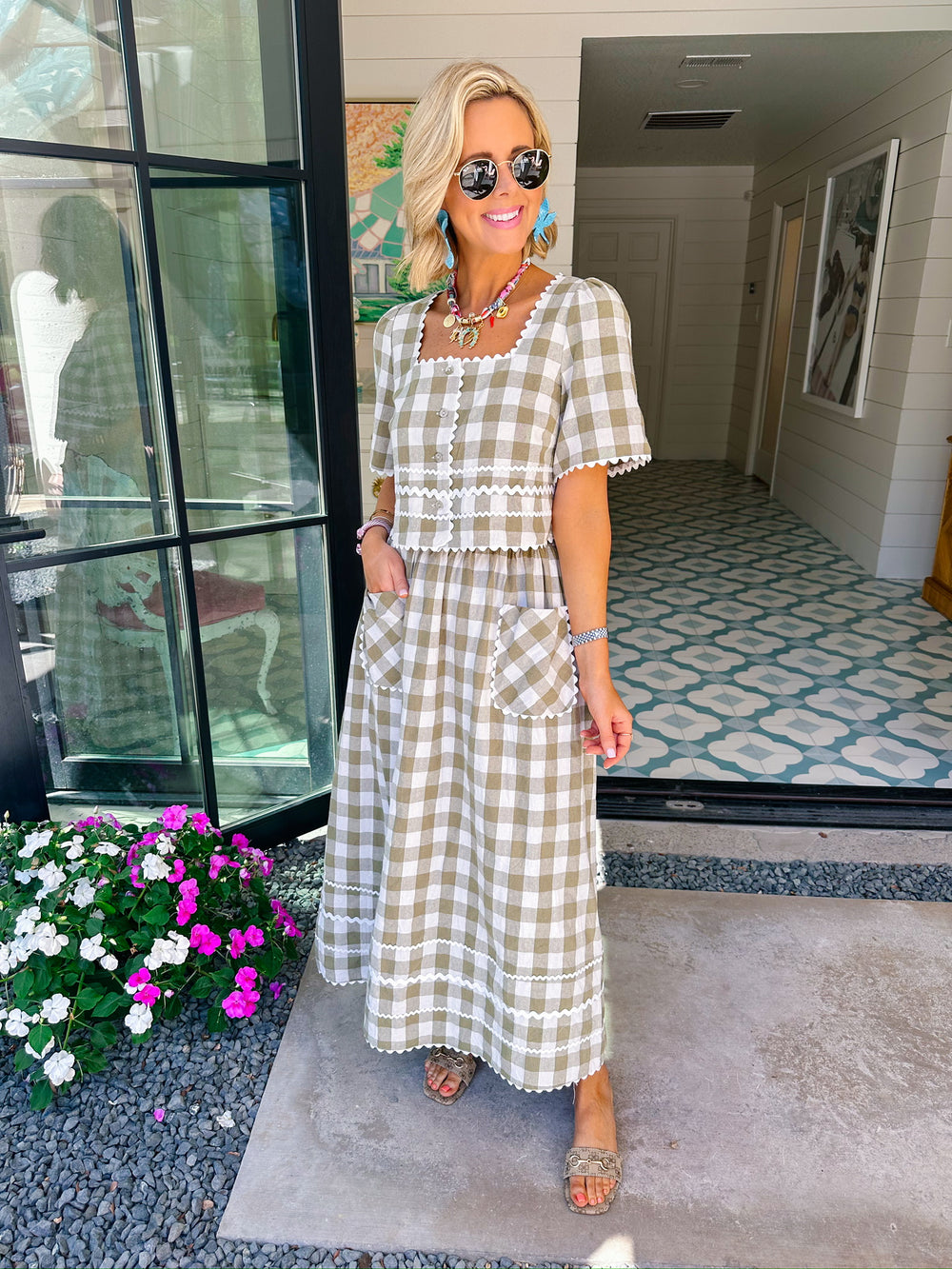 SPRING FEVER GINGHAM RIC RAC SKIRT SET - GREEN