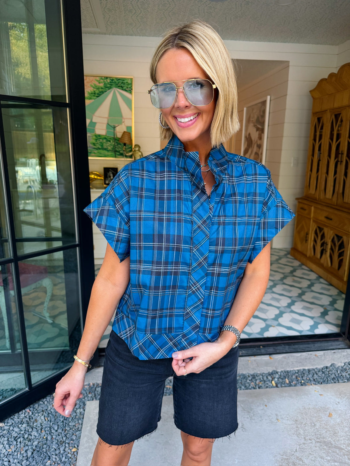 NADIA PLAID BUTTON UP TOP - BLUE