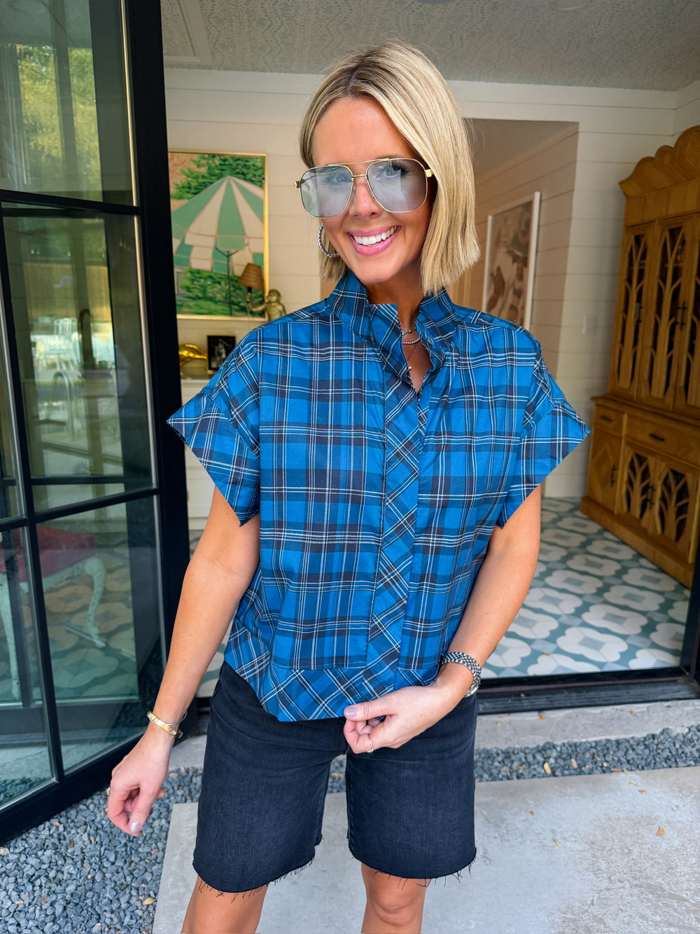 NADIA PLAID BUTTON UP TOP - BLUE