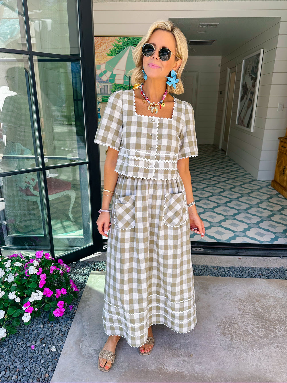 SPRING FEVER GINGHAM RIC RAC SKIRT SET - GREEN