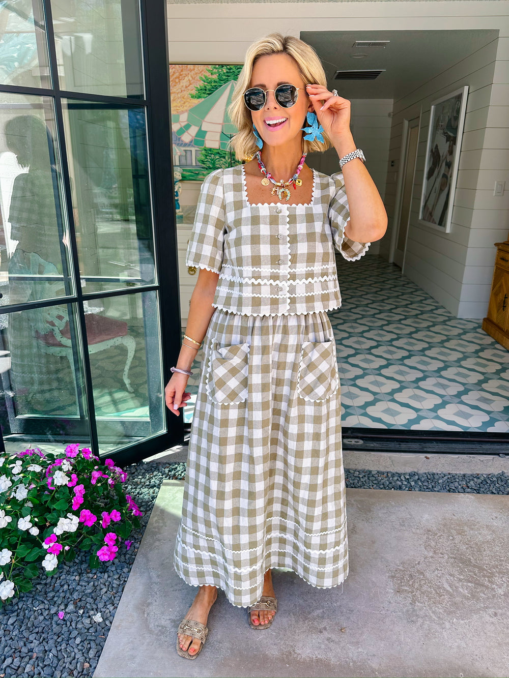 SPRING FEVER GINGHAM RIC RAC SKIRT SET - GREEN