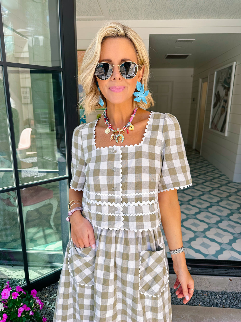 SPRING FEVER GINGHAM RIC RAC SKIRT SET - GREEN