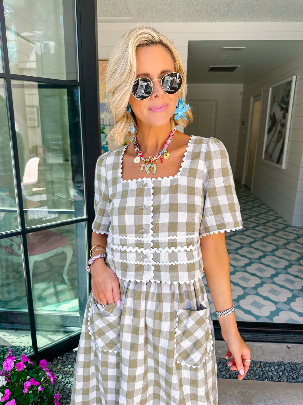 SPRING FEVER GINGHAM RIC RAC SKIRT SET - GREEN
