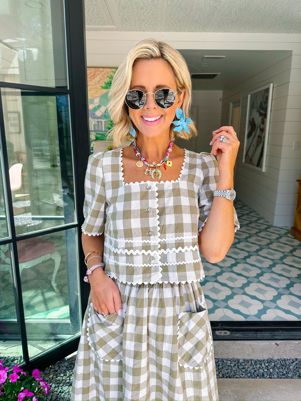 SPRING FEVER GINGHAM RIC RAC SKIRT SET - GREEN