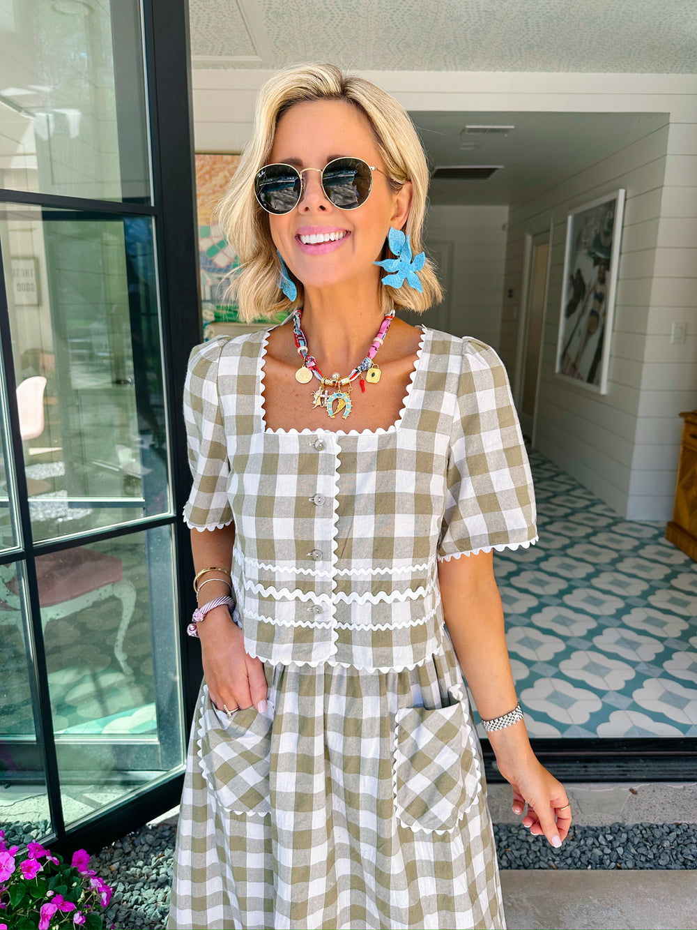SPRING FEVER GINGHAM RIC RAC SKIRT SET - GREEN