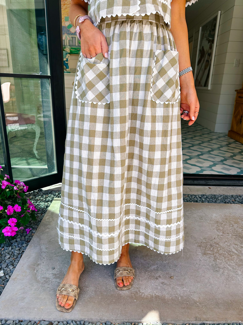 SPRING FEVER GINGHAM RIC RAC SKIRT SET - GREEN