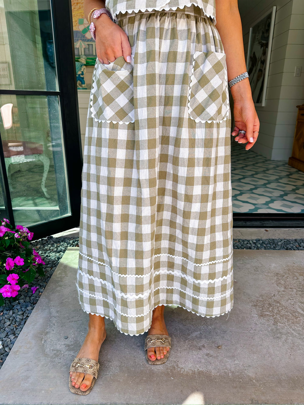 SPRING FEVER GINGHAM RIC RAC SKIRT SET - GREEN