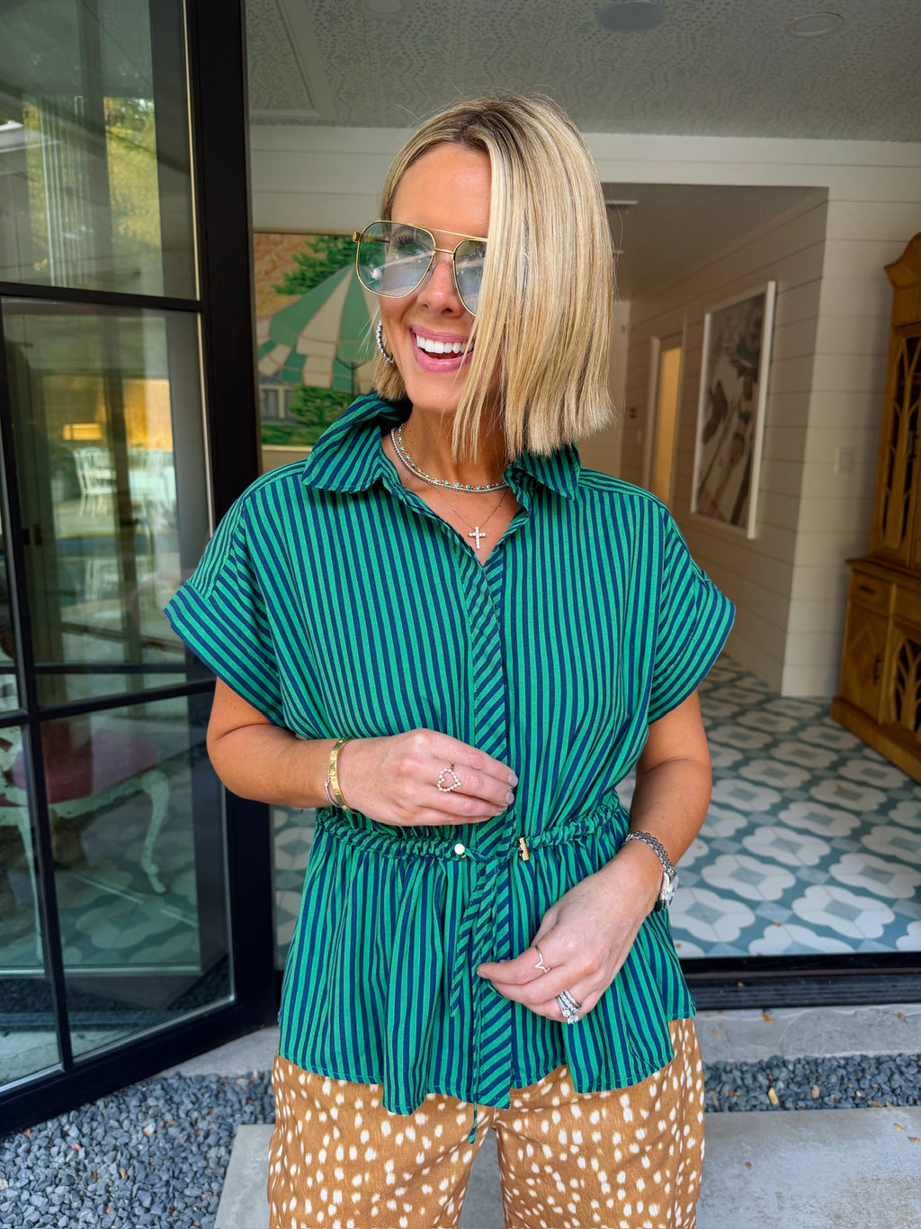 DOWN THE LINE DRAWSTRING STRIPE TOP - GREEN