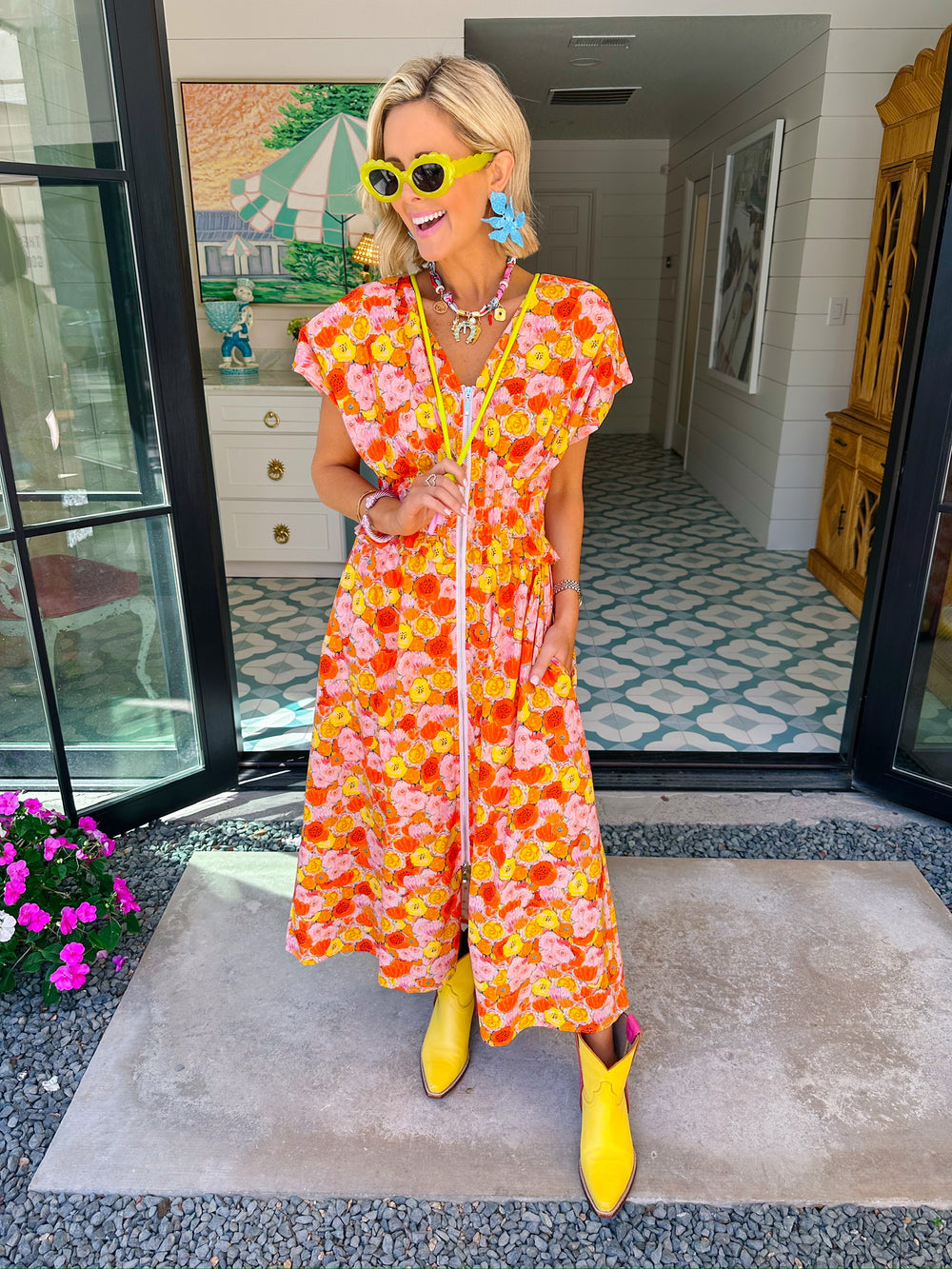 PAINT POPPIES ZIP UP MIDI DRESS - ORANGE