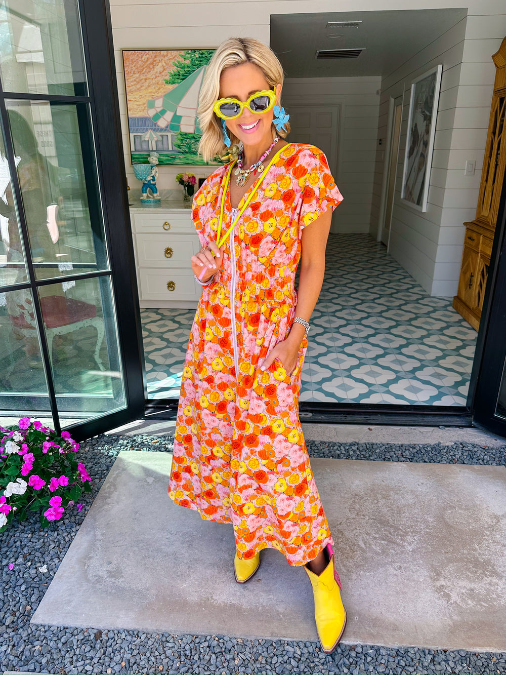 PAINT POPPIES ZIP UP MIDI DRESS - ORANGE