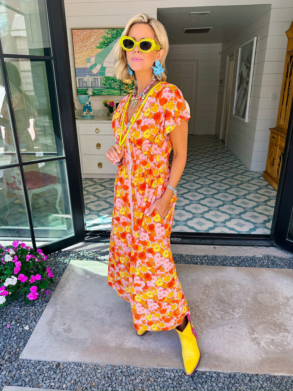 PAINT POPPIES ZIP UP MIDI DRESS - ORANGE