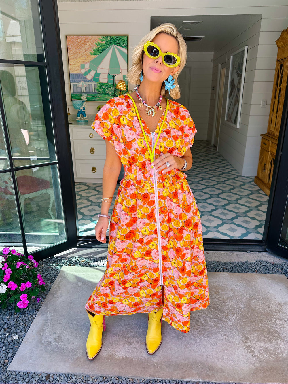 PAINT POPPIES ZIP UP MIDI DRESS - ORANGE