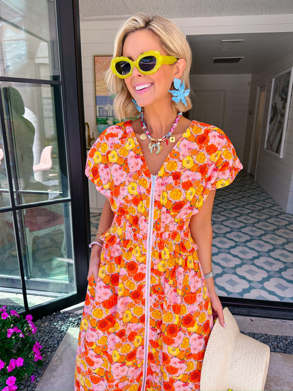 PAINT POPPIES ZIP UP MIDI DRESS - ORANGE