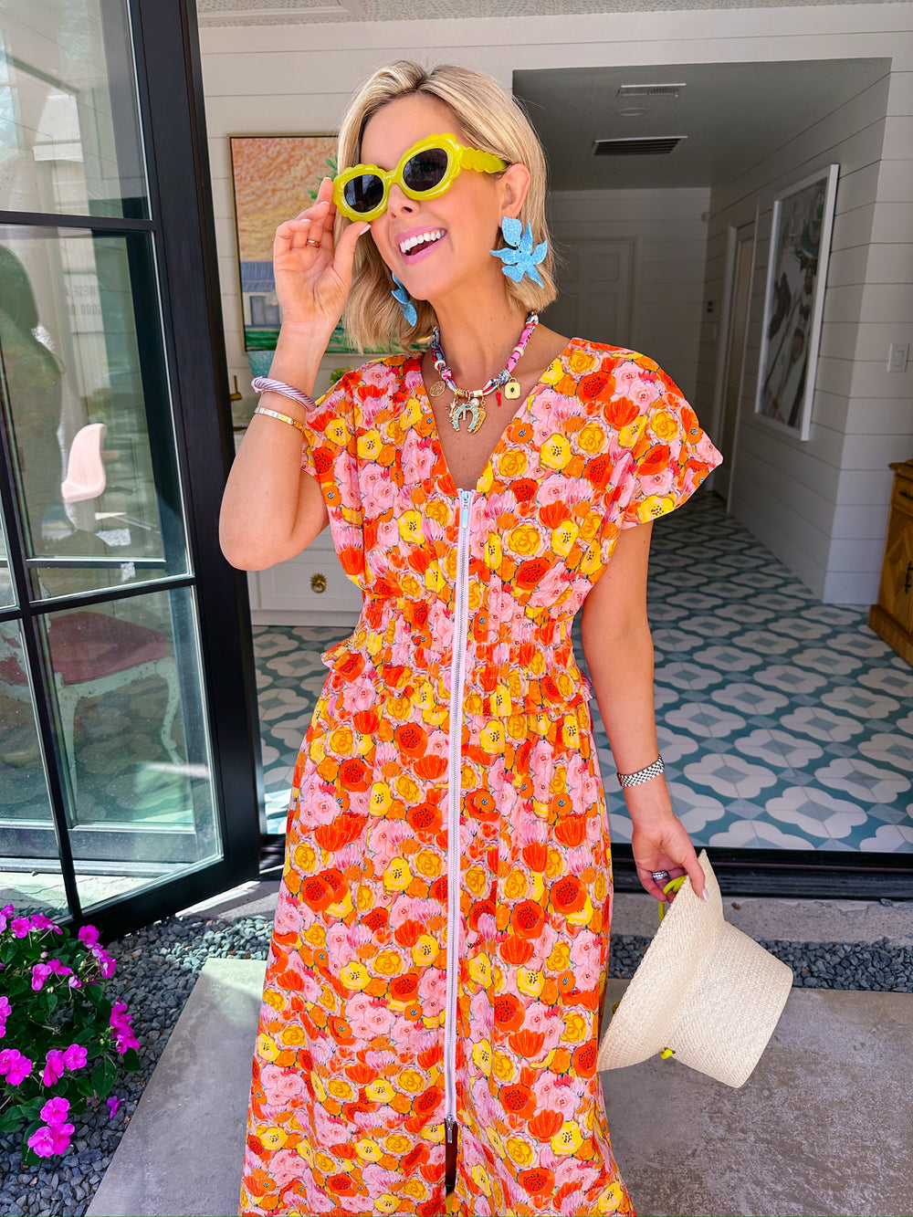 PAINT POPPIES ZIP UP MIDI DRESS - ORANGE