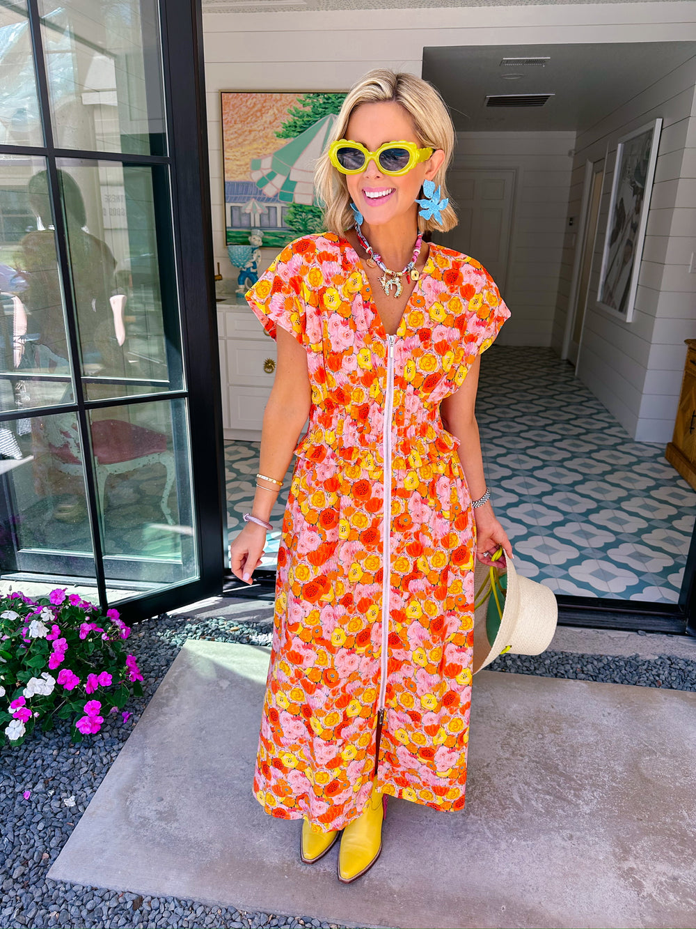 PAINT POPPIES ZIP UP MIDI DRESS - ORANGE