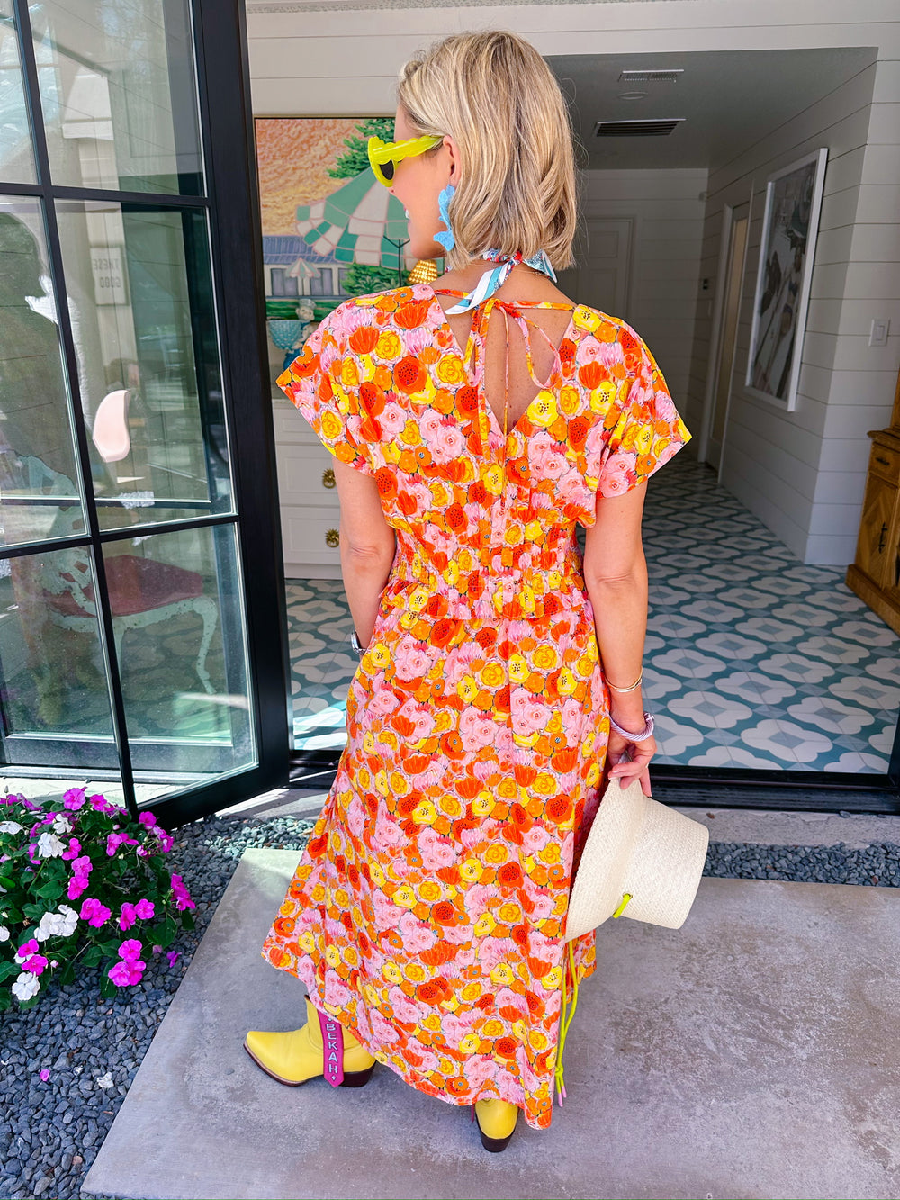 PAINT POPPIES ZIP UP MIDI DRESS - ORANGE