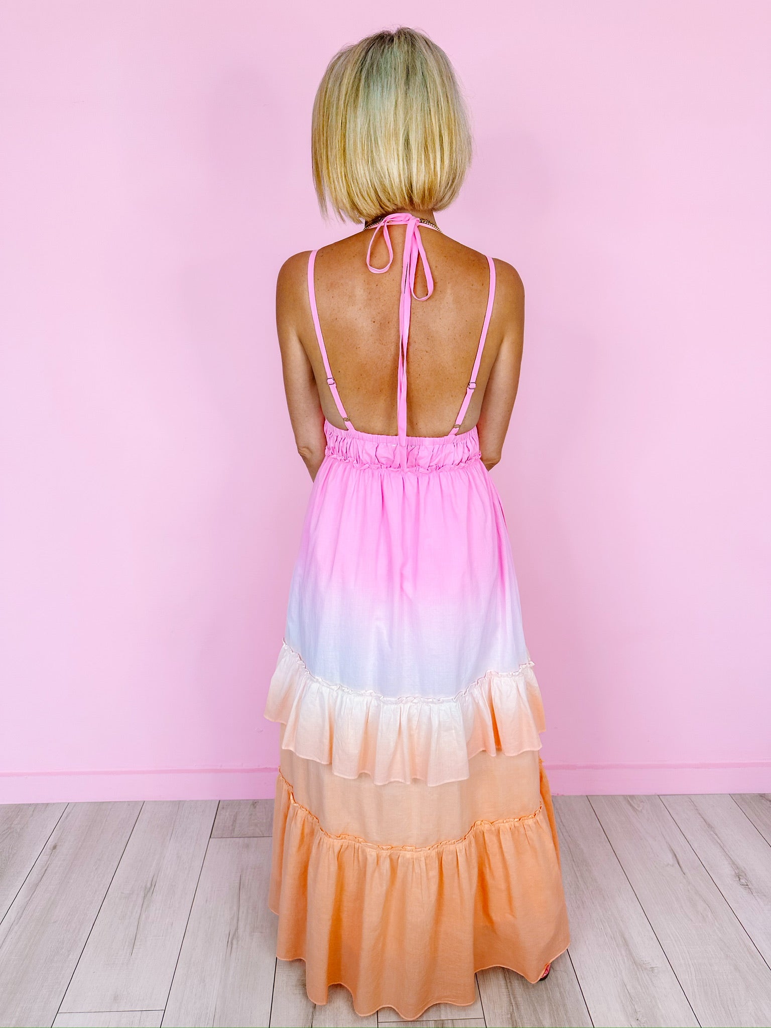 SUNSET GRADIENT RUFFLE DRESS - PINK/ORANGE