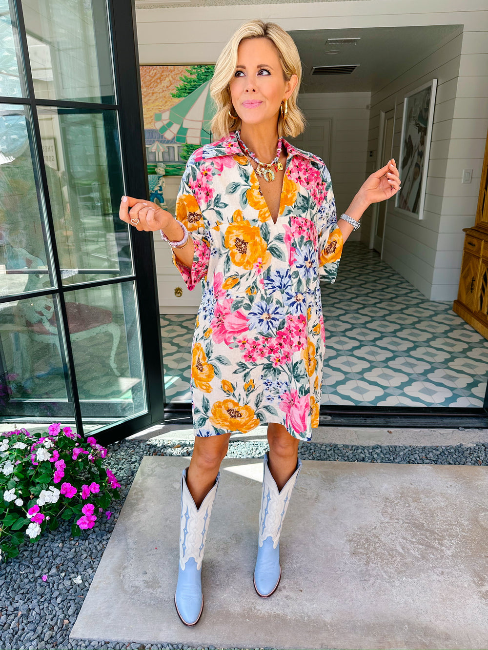 LIVE SIMPLY FLORAL POCKET V-NECK LINEN DRESS