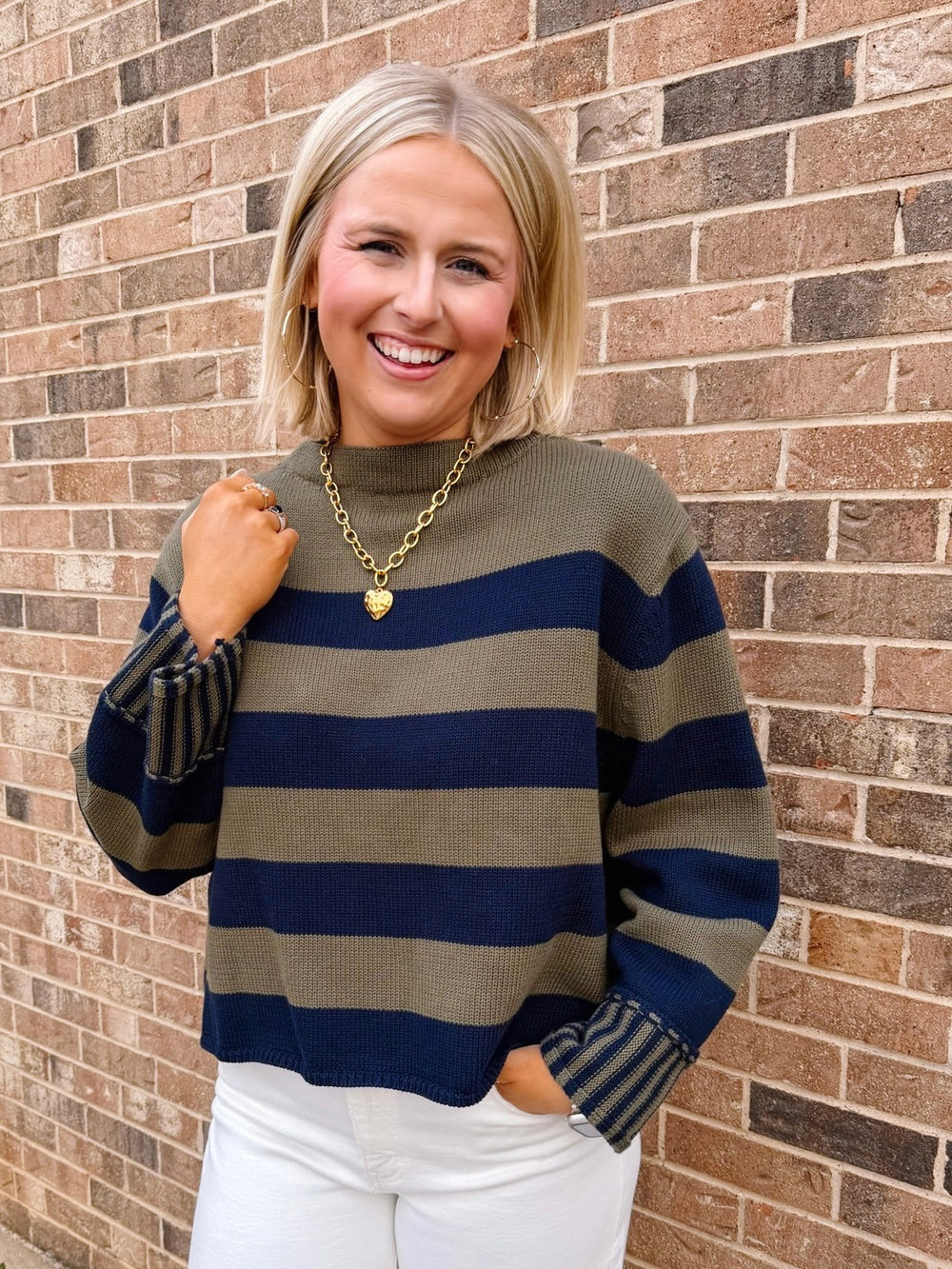 STAY IN LINE STRIPE SWEATER - NAVY/OLIVE