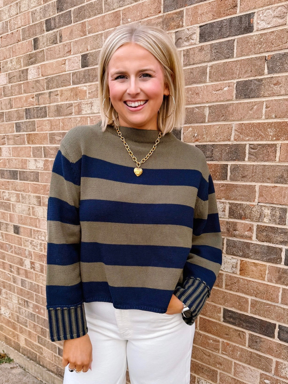 STAY IN LINE STRIPE SWEATER - NAVY/OLIVE