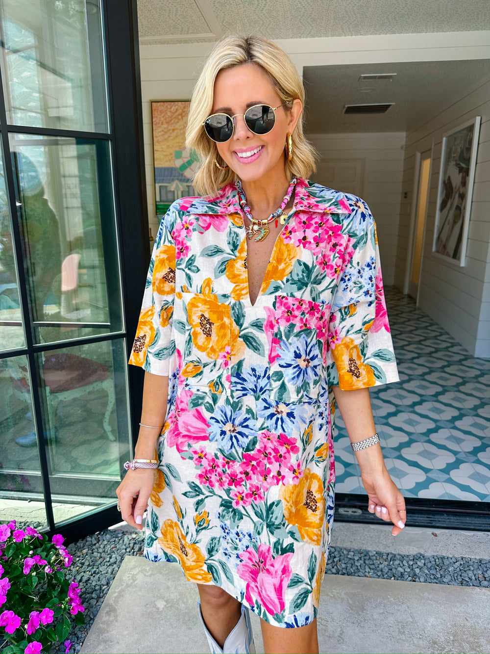 LIVE SIMPLY FLORAL POCKET V-NECK LINEN DRESS