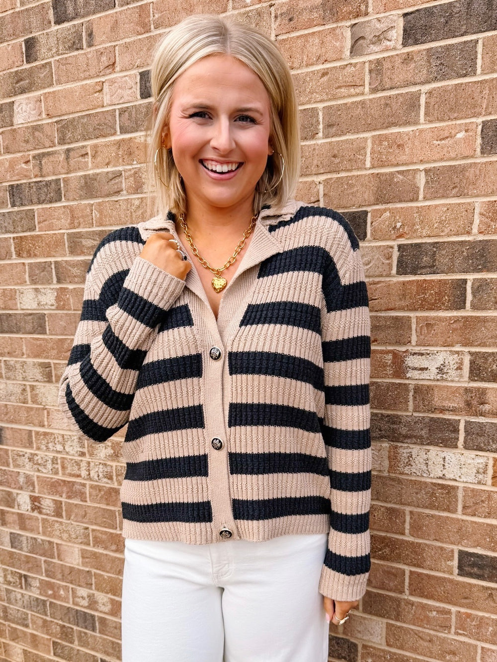 SKYLAR STRIPE CARDIGAN - TAUPE/BLACK