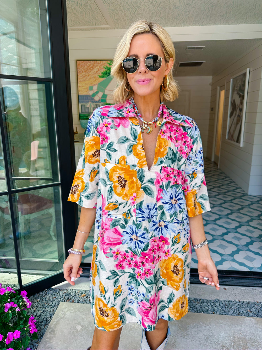 LIVE SIMPLY FLORAL POCKET V-NECK LINEN DRESS