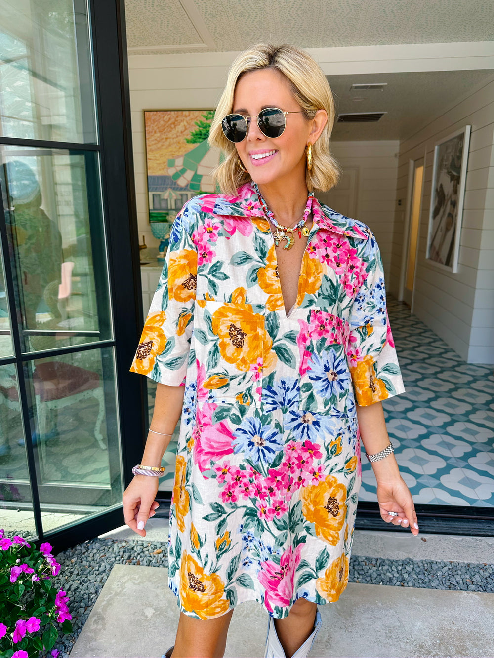 LIVE SIMPLY FLORAL POCKET V-NECK LINEN DRESS